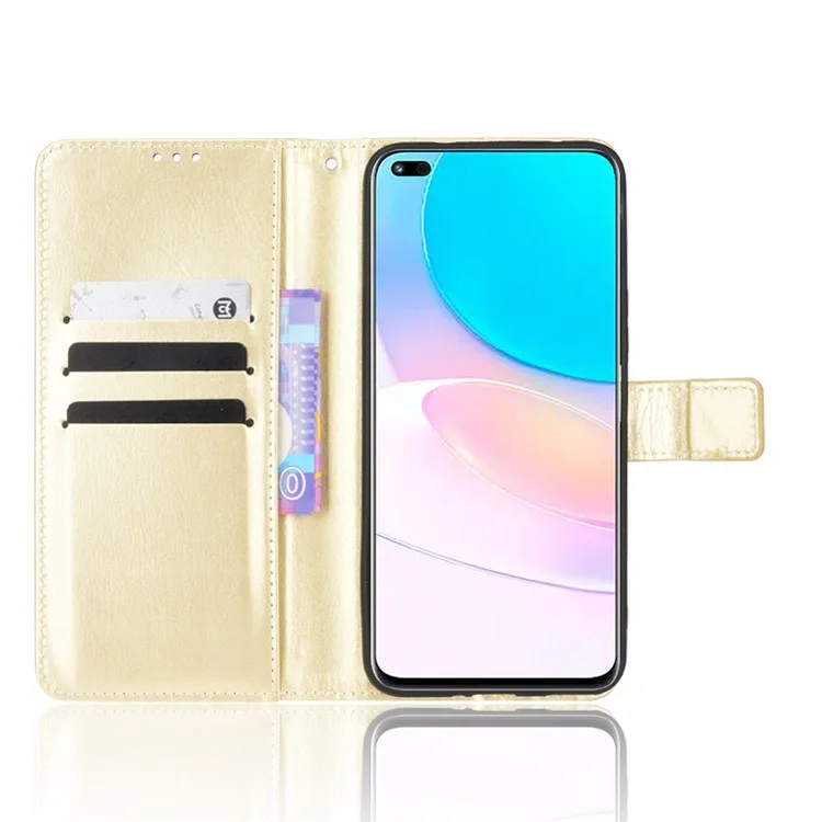 Crazy Horse Texture Anti-Scratch PU Leather Wallet Magnetic Clasp Case with Wrist Strap for Huawei nova 8i/Honor 50 Lite - Gold-Cellmalls