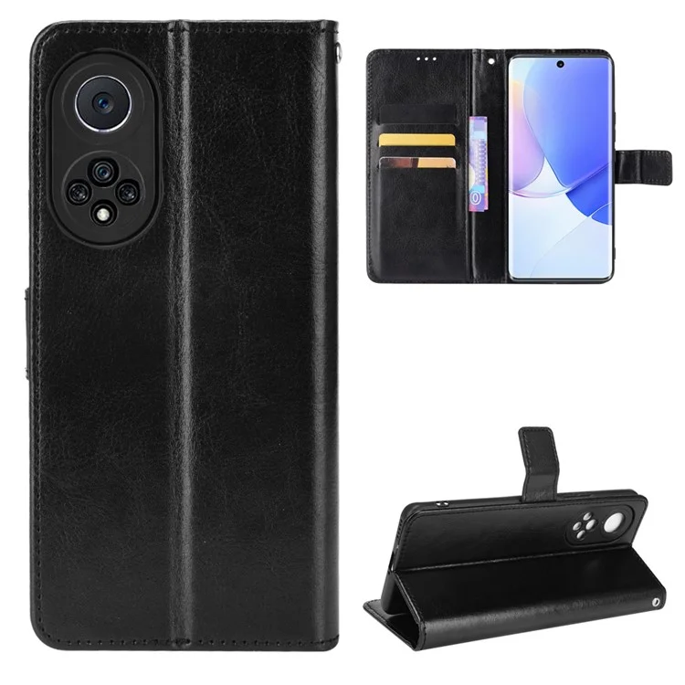 Crazy Horse Texture PU Leather Anti-drop Wallet Stand Design Phone Case Shell for Huawei nova 9 - Black-Cellmalls