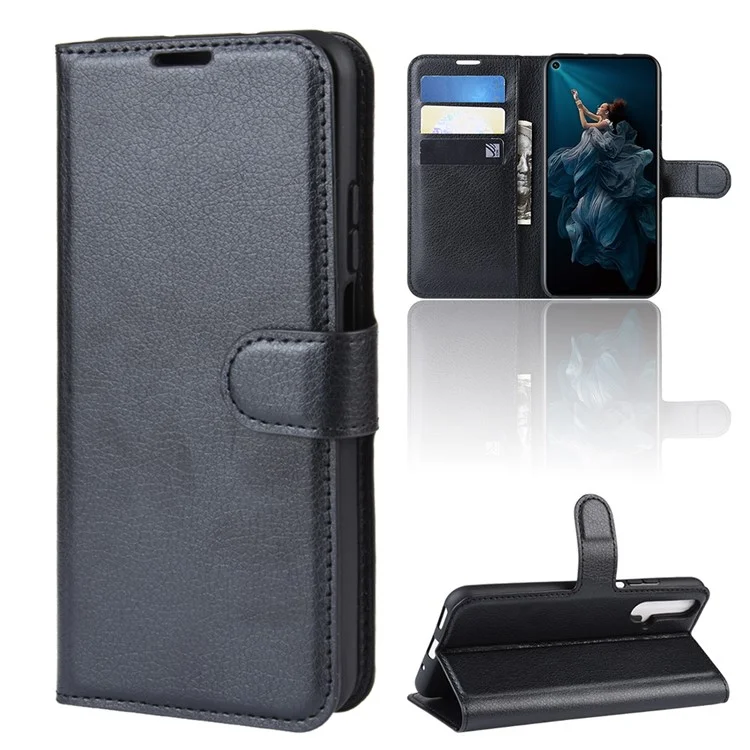 Litchi Skin Leather Wallet Stand Case for Huawei Honor 20S / Honor 20 - Black-Cellmalls