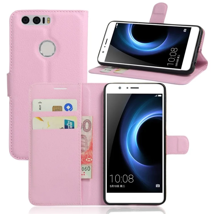 Litchi Texture Stand Leather Case for Huawei Honor 8 with Folio Flip Wallet Design Phone Cover - Black-Cellmalls