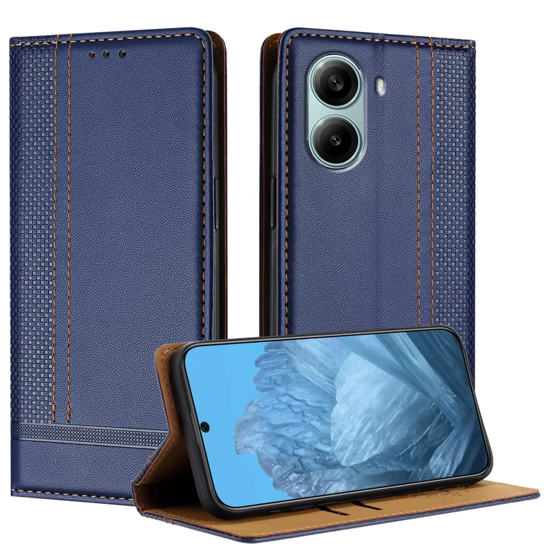 For Xiaomi Redmi Turbo 4 Pro 5G Case L-Shaped Grid Pattern Leather Stand Phone Cover with Card Slots - Blue-Cellmalls