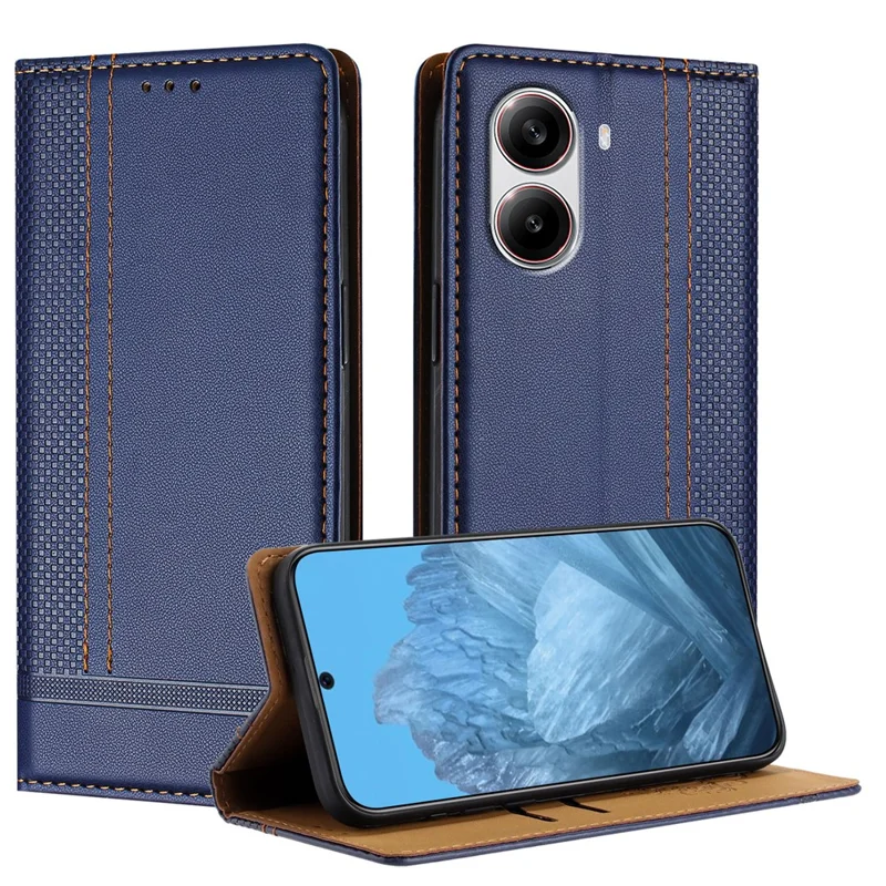 For Xiaomi Redmi Turbo 4 5G Case L-Shaped Grid Pattern Leather Stand Phone Cover with Card Slots - Blue-Cellmalls