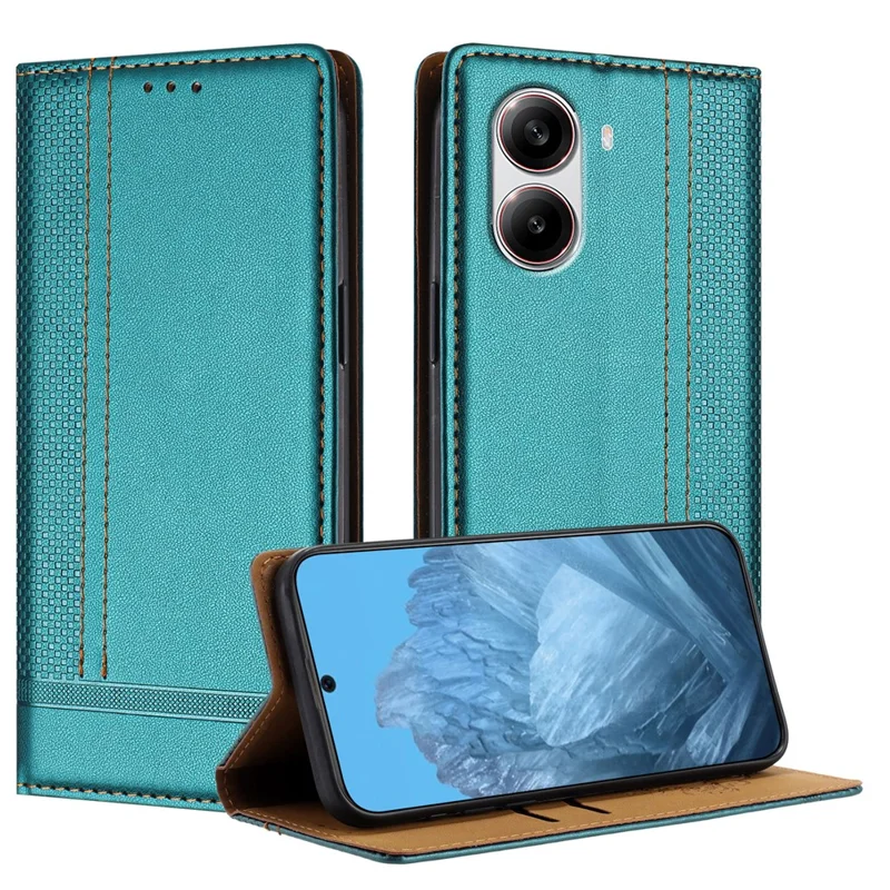 For Xiaomi Redmi Turbo 4 5G Case L-Shaped Grid Pattern Leather Stand Phone Cover with Card Slots - Blue-Cellmalls