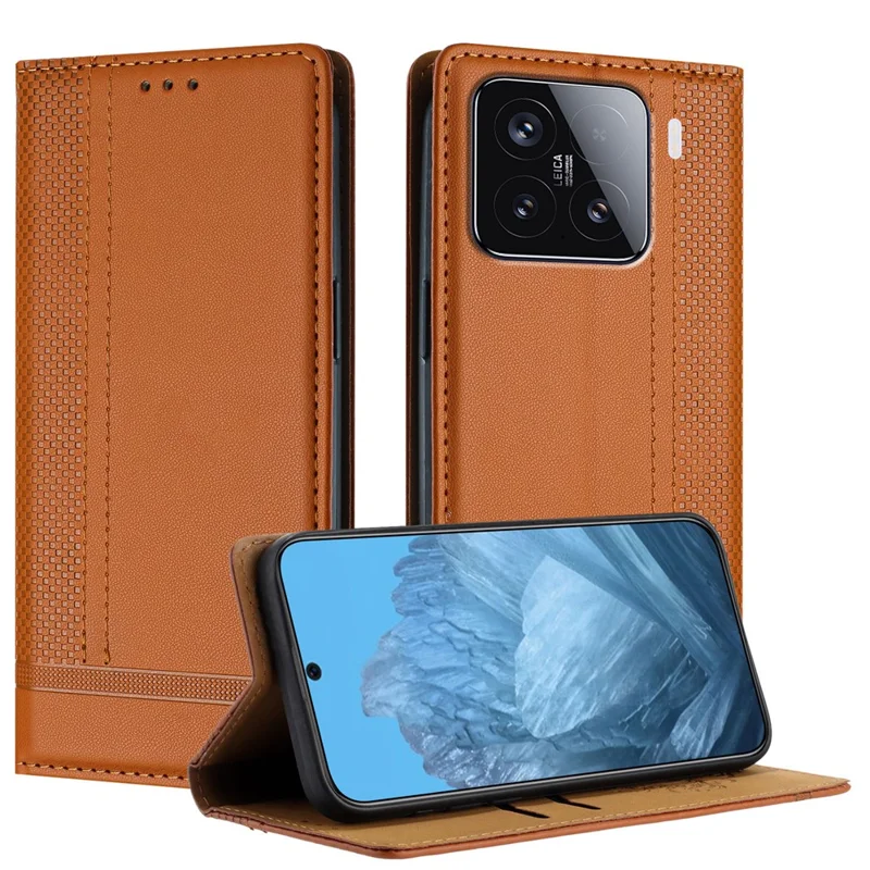 For Xiaomi 15 Case L-Shaped Grid Pattern Leather Stand Phone Cover with Card Slots - Blue-Cellmalls