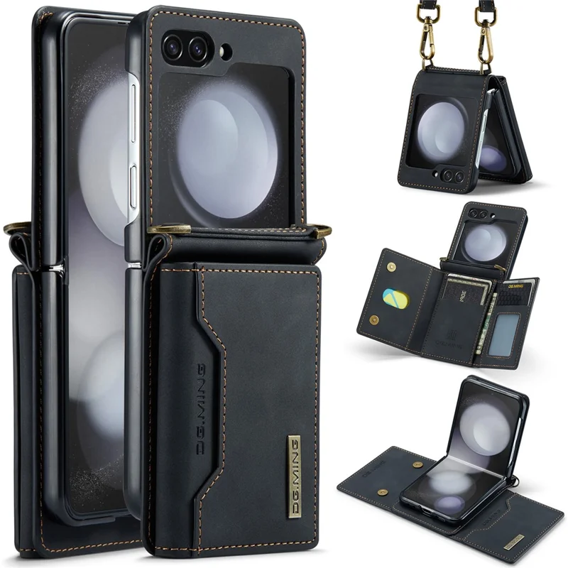 DG.MING M2 Series for Samsung Galaxy Z Flip7 FE 5G / Z Flip6 5G Case PU+PC Phone Cover with Wallet, Strap - Black-Cellmalls
