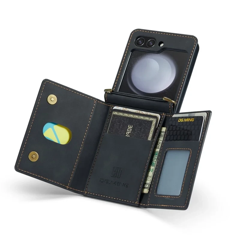 DG.MING M2 Series for Samsung Galaxy Z Flip7 FE 5G / Z Flip6 5G Case PU+PC Phone Cover with Wallet, Strap - Black-Cellmalls