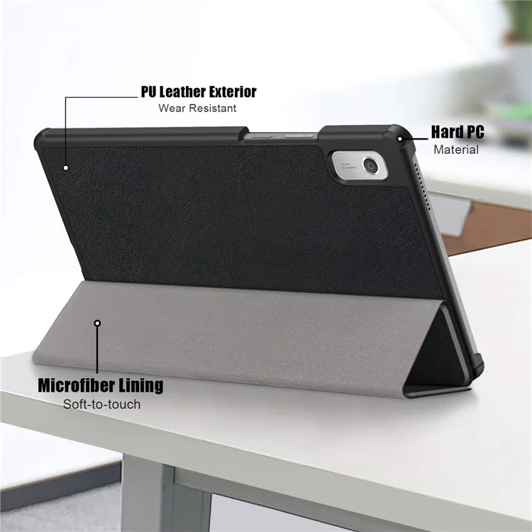 Tri-fold Stand Tablet Case for Lenovo Tab M9 TB-310FU , Auto Wake / Sleep PU Leather Tablet Cover - Black-Cellmalls