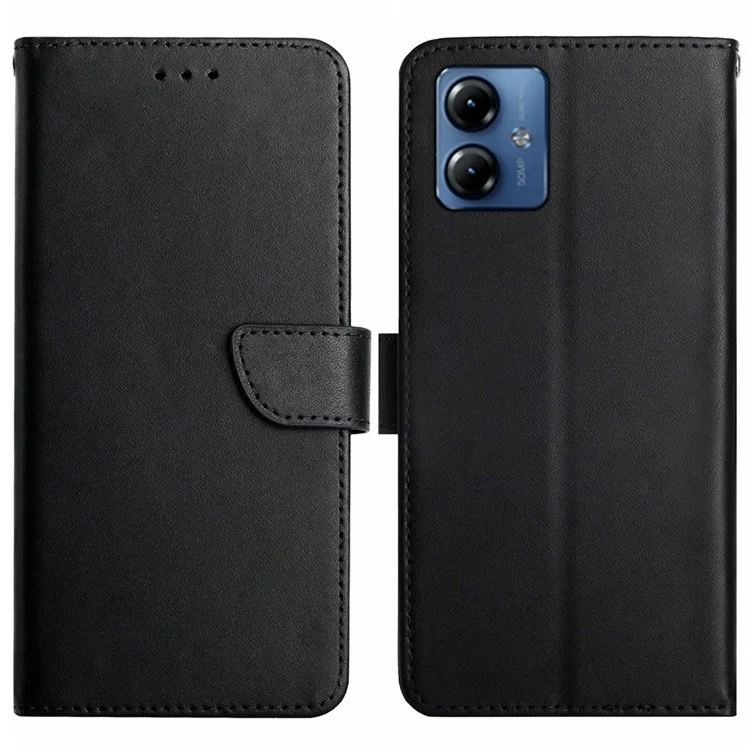 HT02 For Motorola Moto G14 4G Shockproof Wallet Phone Cover Genuine Cow Leather Phone Stand Cover - Black-Cellmalls
