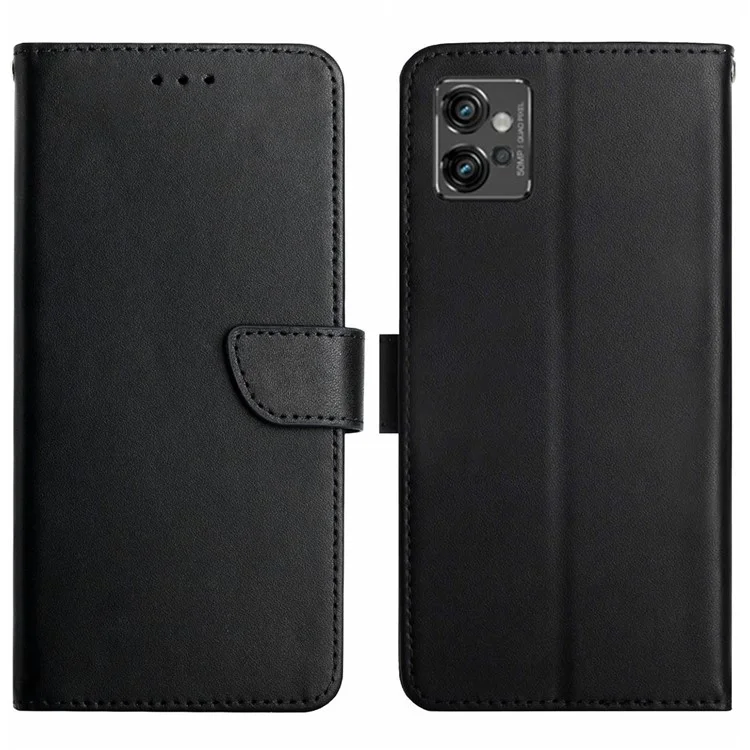 HT02 Shockproof Phone Case for Motorola Moto G32 4G, Nappa Texture Genuine Leather Magnetic Closure Stand Phone Cover - Blue-Cellmalls