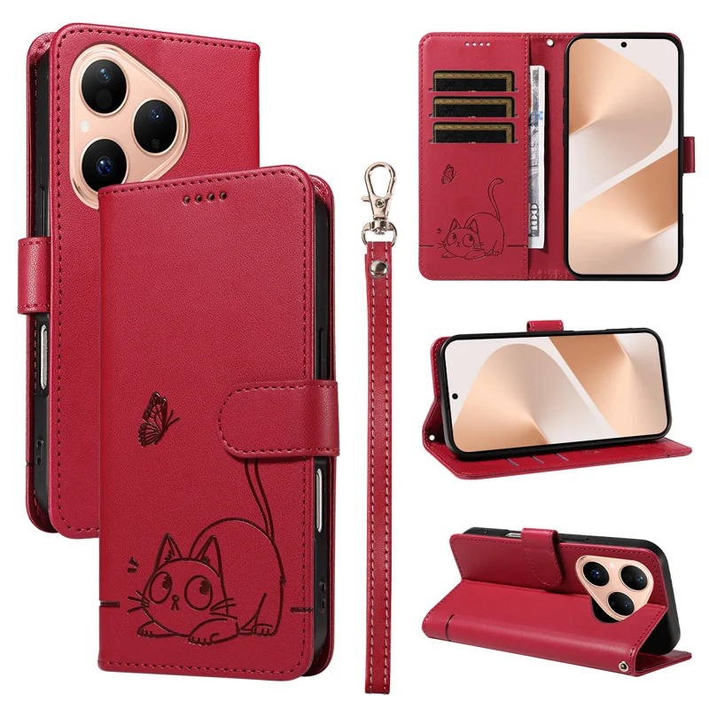 For Huawei Pura 80 Case Cat Pattern Imprint Leather Phone Cover with Wrist Strap - Rose Gold-Cellmalls