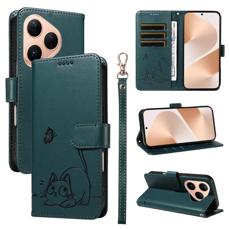 For Huawei Pura 80 Case Cat Pattern Imprint Leather Phone Cover with Wrist Strap - Rose Gold-Cellmalls