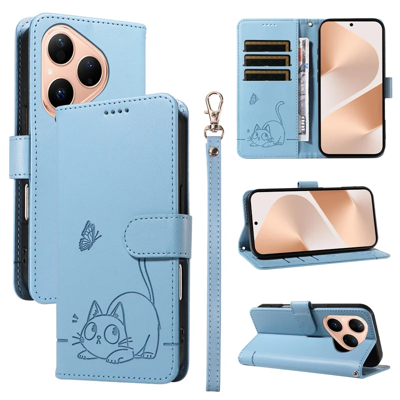 For Huawei Pura 80 Case Cat Pattern Imprint Leather Phone Cover with Wrist Strap - Rose Gold-Cellmalls