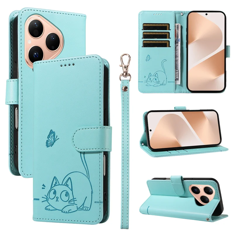 For Huawei Pura 80 Case Cat Pattern Imprint Leather Phone Cover with Wrist Strap - Rose Gold-Cellmalls