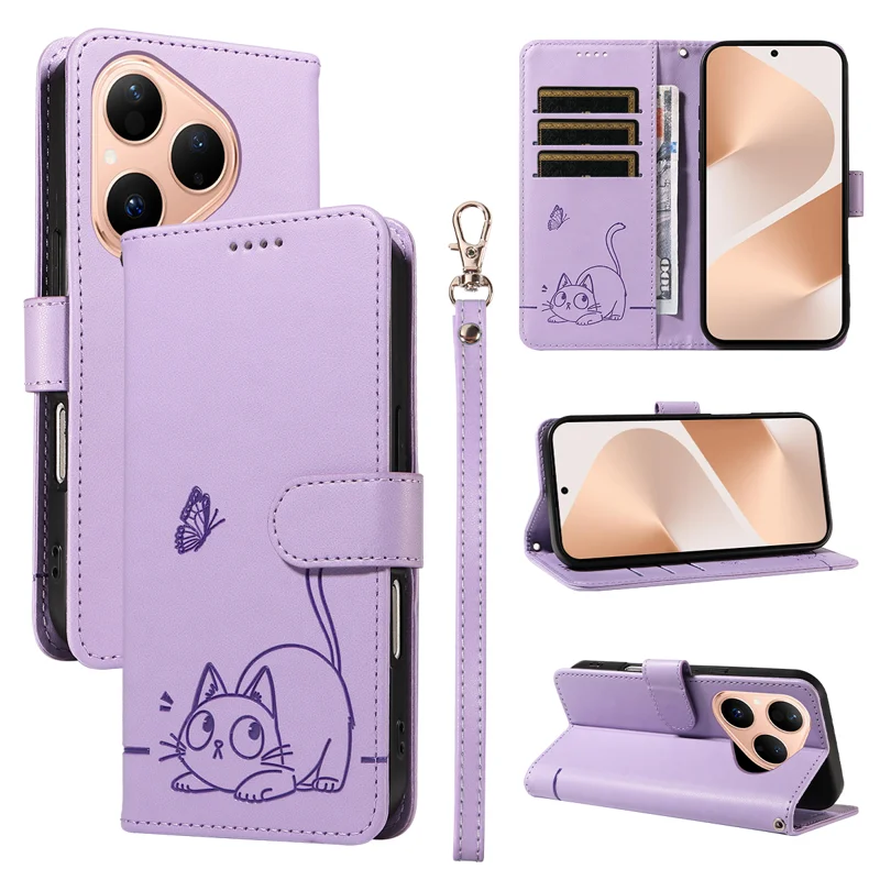 For Huawei Pura 80 Case Cat Pattern Imprint Leather Phone Cover with Wrist Strap - Rose Gold-Cellmalls