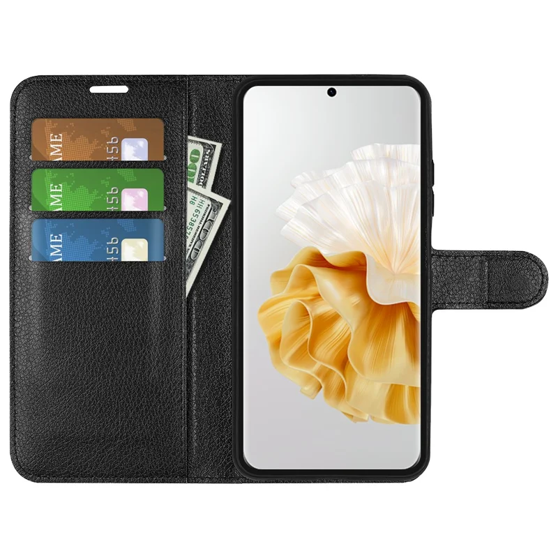 For Huawei Pura 70 Wallet Case with Card Holder Litchi Texture Leather Phone Cover - Black-Cellmalls