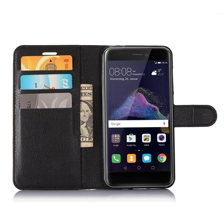 For Huawei P8 Lite (2017) / Honor 8 Lite Litchi Grain Leather Case 3 Card Holders with 1 Cash Pocket Wallet - Black-Cellmalls