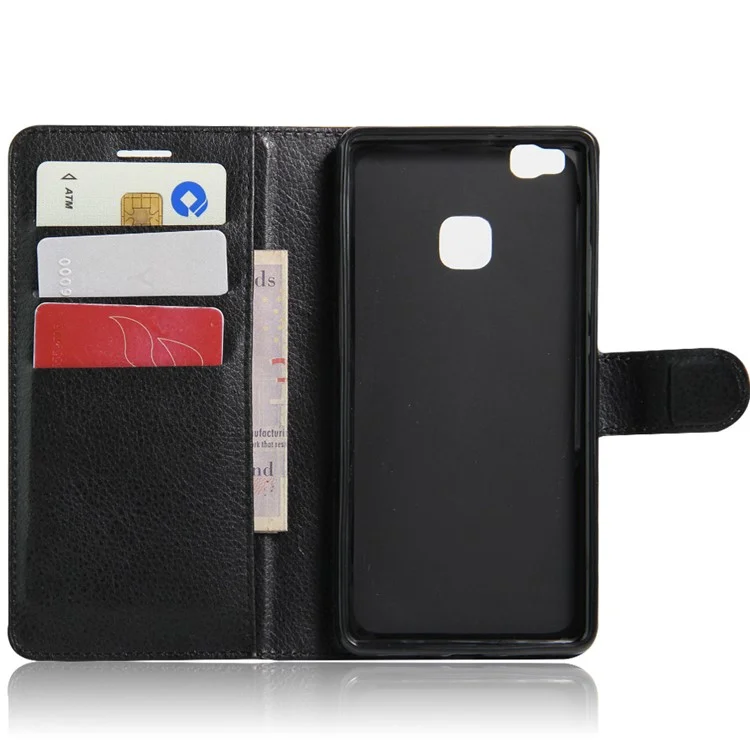 Litchi Grain Folio Flip Leather Wallet Case for Huawei P9 Lite - Black-Cellmalls