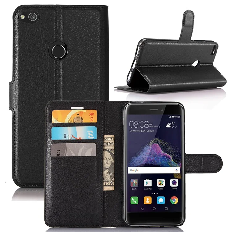 For Huawei P8 Lite (2017) / Honor 8 Lite Litchi Grain Leather Case 3 Card Holders with 1 Cash Pocket Wallet - Black-Cellmalls