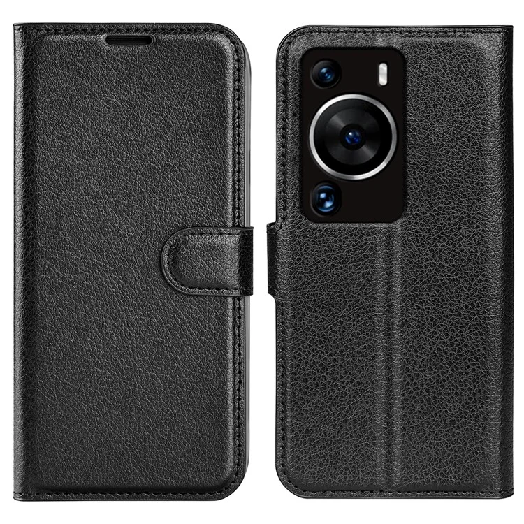 For Huawei P60 Pro Litchi Texture Phone Leather Case Wallet Stand Anti-drop Phone Cover - Black-Cellmalls