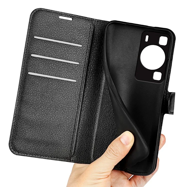 For Huawei P60 PU Leather Phone Stand Case Litchi Texture Wallet Phone Cover - Black-Cellmalls