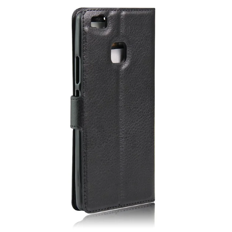 Litchi Grain Folio Flip Leather Wallet Case for Huawei P9 Lite - Black-Cellmalls