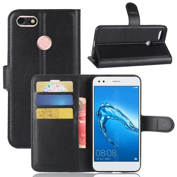 Litchi Texture Leather Wallet Stand Phone Case for Huawei P9 Lite mini / Y6 Pro (2017) / Enjoy 7 - Black-Cellmalls