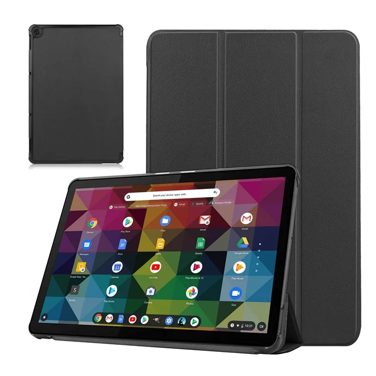 Litch Skin PU Leather Tri-fold Stand Shell for Lenovo Chromebook Duet Tablet Case - Black-Cellmalls