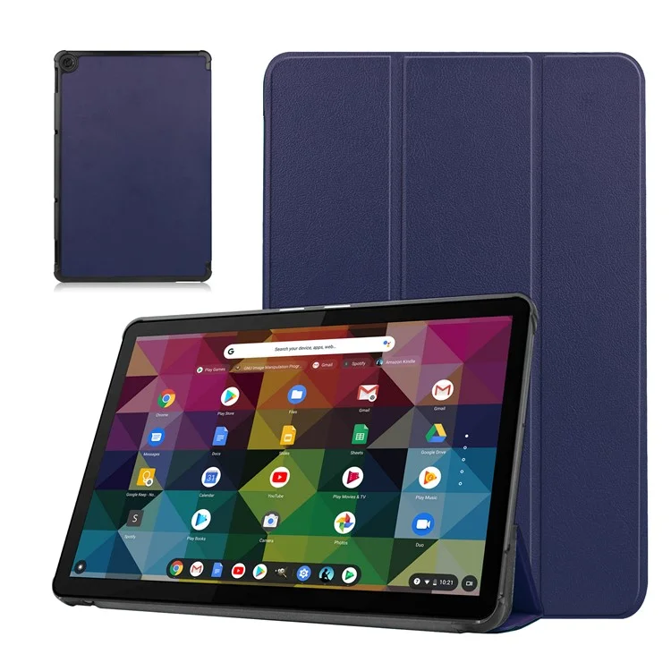 Litch Skin PU Leather Tri-fold Stand Shell for Lenovo Chromebook Duet Tablet Case - Black-Cellmalls