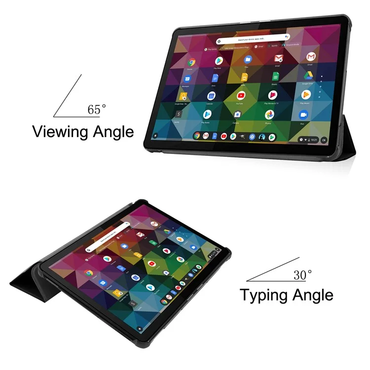 Litch Skin PU Leather Tri-fold Stand Shell for Lenovo Chromebook Duet Tablet Case - Black-Cellmalls