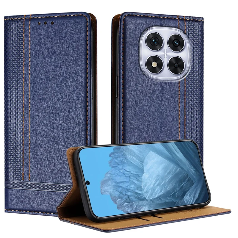 For Xiaomi Redmi Note 14 Pro 5G Case L-Shaped Grid Pattern Leather Stand Phone Cover with Card Slots - Blue-Cellmalls