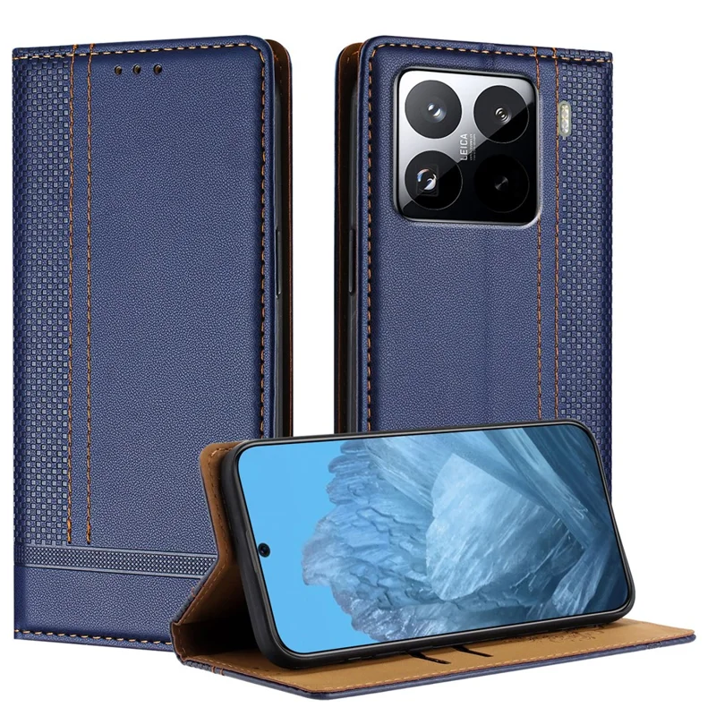 For Xiaomi 15 Pro Case L-Shaped Grid Pattern Leather Stand Phone Cover with Card Slots - Blue-Cellmalls