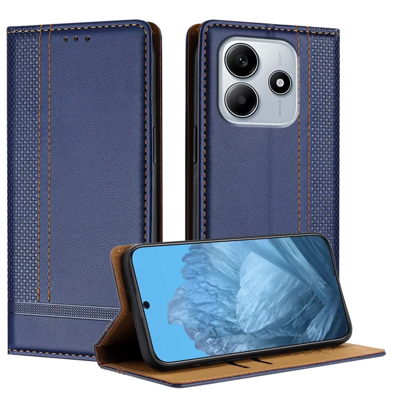 For Xiaomi Redmi Note 14 5G Case L-Shaped Grid Pattern Leather Stand Phone Cover with Card Slots - Blue-Cellmalls