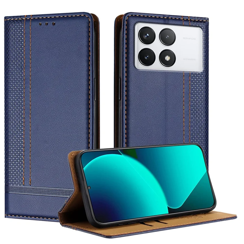 For Xiaomi 14T Pro Case L-Shaped Grid Pattern Leather Stand Phone Cover with Card Slots - Blue-Cellmalls