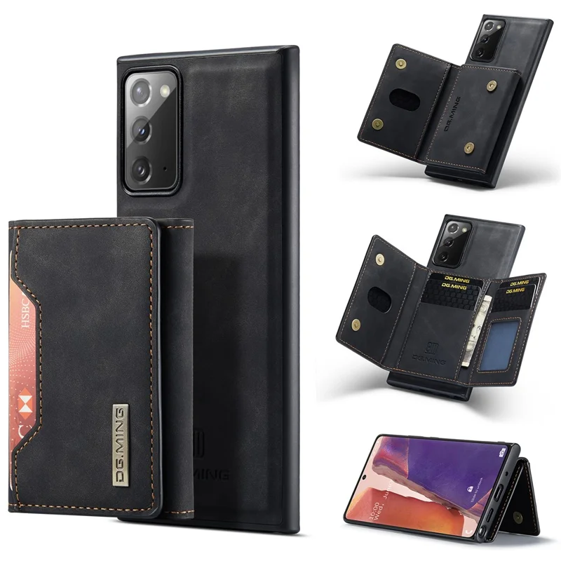 DG.MING M2 Series Tri-fold Wallet Magnetic Kickstand Design Leather Case for Samsung Galaxy Note20 4G/5G - Black-Cellmalls