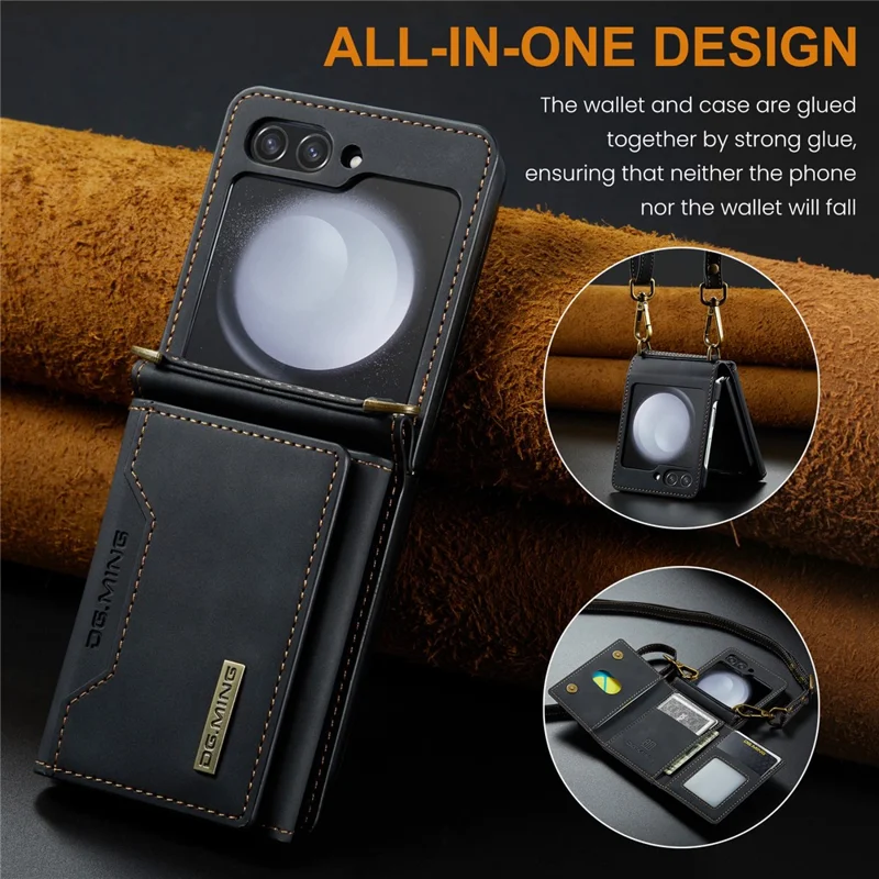 DG.MING M2 Series for Samsung Galaxy Z Flip7 FE 5G / Z Flip6 5G Case PU+PC Phone Cover with Wallet, Strap - Black-Cellmalls