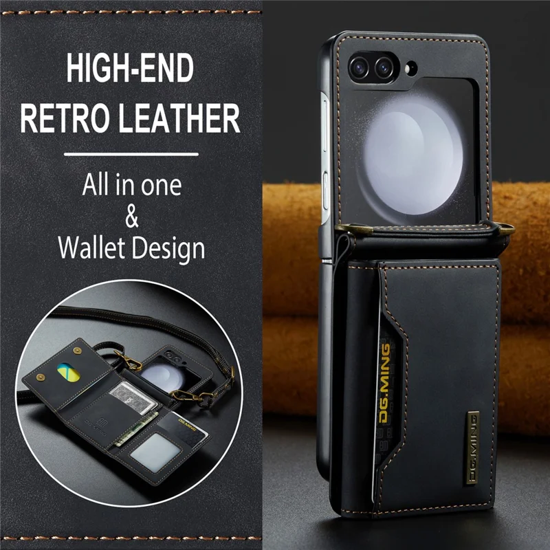 DG.MING M2 Series for Samsung Galaxy Z Flip7 FE 5G / Z Flip6 5G Case PU+PC Phone Cover with Wallet, Strap - Black-Cellmalls