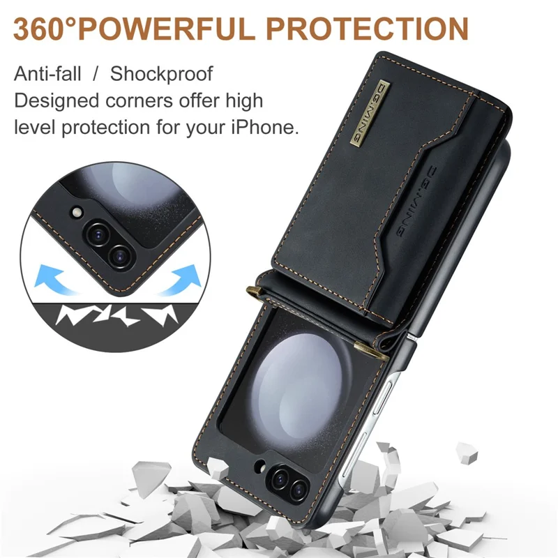 DG.MING M2 Series for Samsung Galaxy Z Flip7 FE 5G / Z Flip6 5G Case PU+PC Phone Cover with Wallet, Strap - Black-Cellmalls