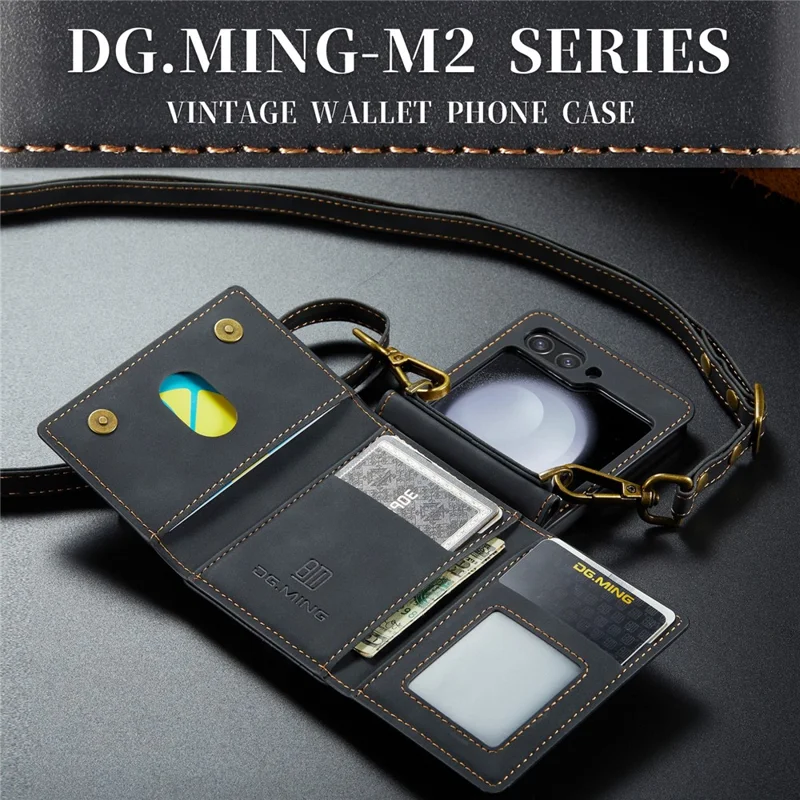 DG.MING M2 Series for Samsung Galaxy Z Flip7 FE 5G / Z Flip6 5G Case PU+PC Phone Cover with Wallet, Strap - Black-Cellmalls