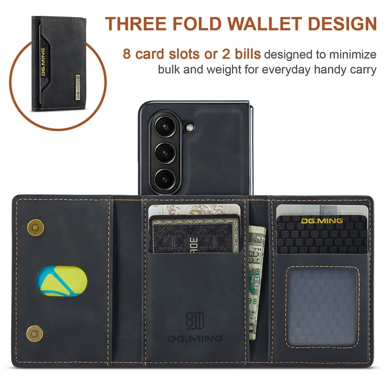 DG.MING M2 Series Kickstand Wallet Case for Samsung Galaxy Z Fold5 5G , PU Leather+PC Detachable Magnetic Phone Cover - Black-Cellmalls
