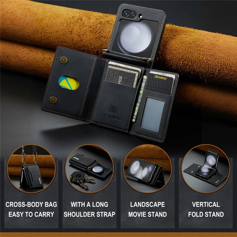 DG.MING M2 Series for Samsung Galaxy Z Flip7 FE 5G / Z Flip6 5G Case PU+PC Phone Cover with Wallet, Strap - Black-Cellmalls