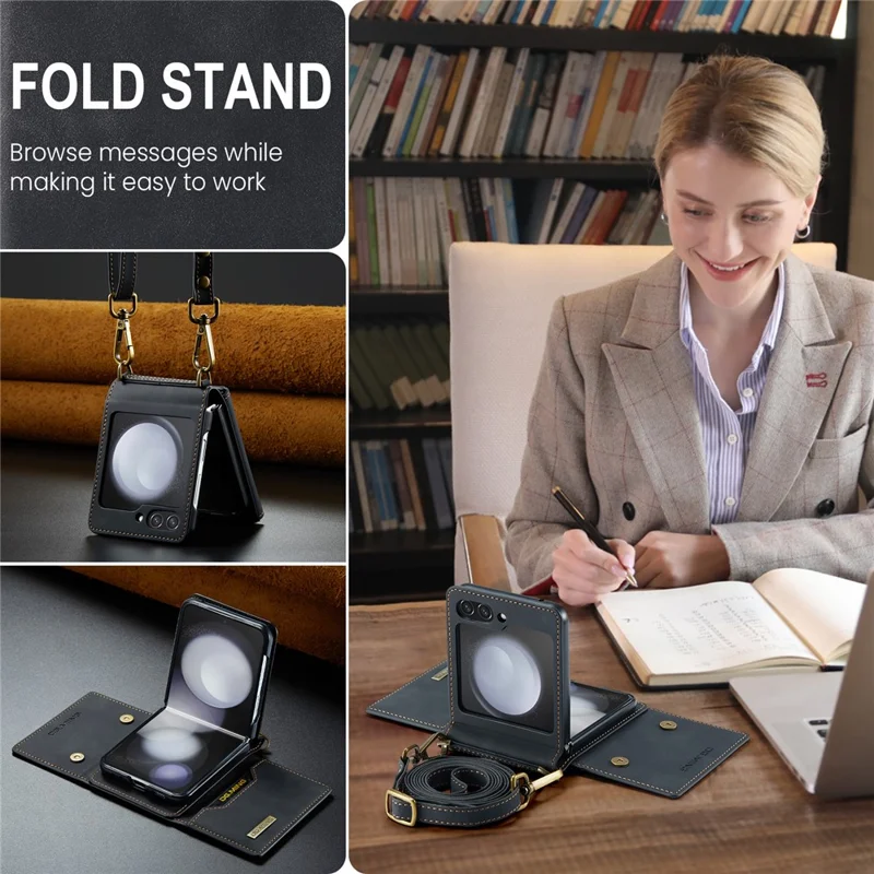DG.MING M2 Series for Samsung Galaxy Z Flip7 FE 5G / Z Flip6 5G Case PU+PC Phone Cover with Wallet, Strap - Black-Cellmalls