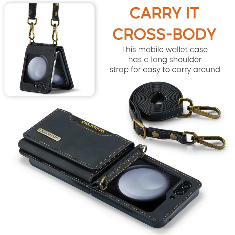 DG.MING M2 Series for Samsung Galaxy Z Flip7 FE 5G / Z Flip6 5G Case PU+PC Phone Cover with Wallet, Strap - Black-Cellmalls