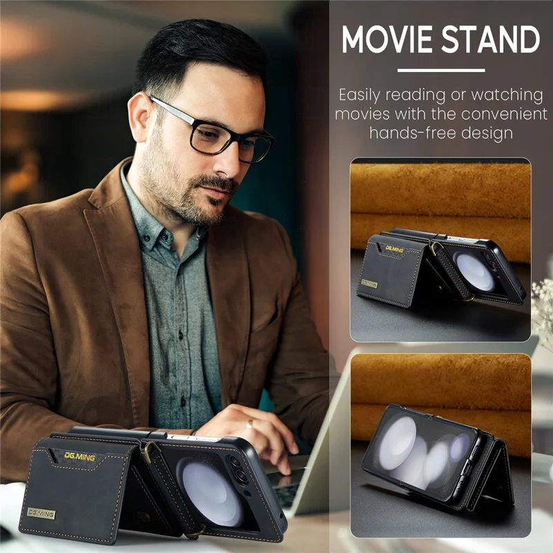 DG.MING M2 Series for Samsung Galaxy Z Flip7 FE 5G / Z Flip6 5G Case PU+PC Phone Cover with Wallet, Strap - Black-Cellmalls