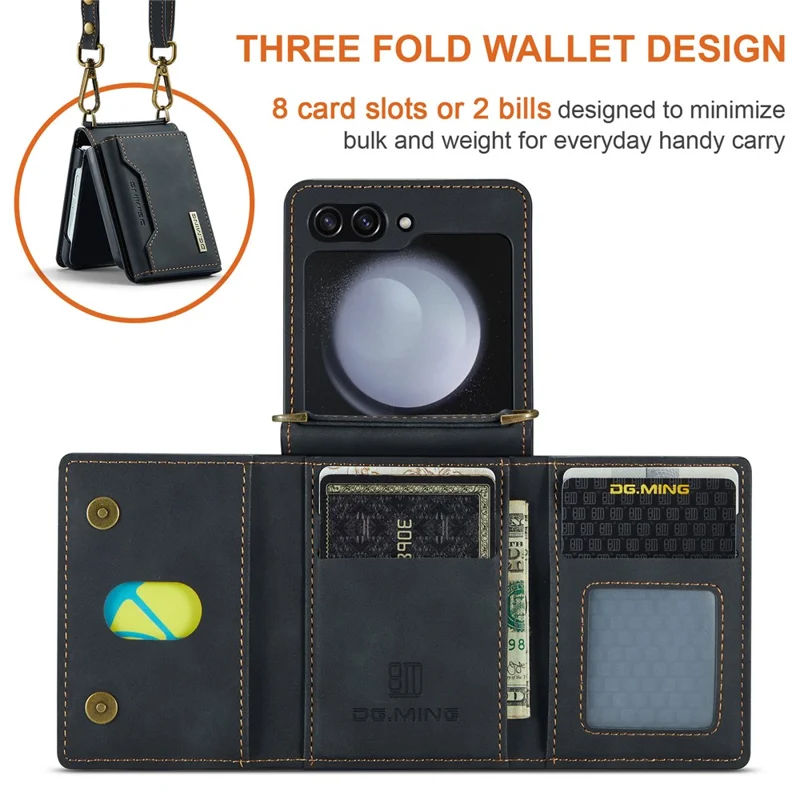 DG.MING M2 Series for Samsung Galaxy Z Flip7 FE 5G / Z Flip6 5G Case PU+PC Phone Cover with Wallet, Strap - Black-Cellmalls