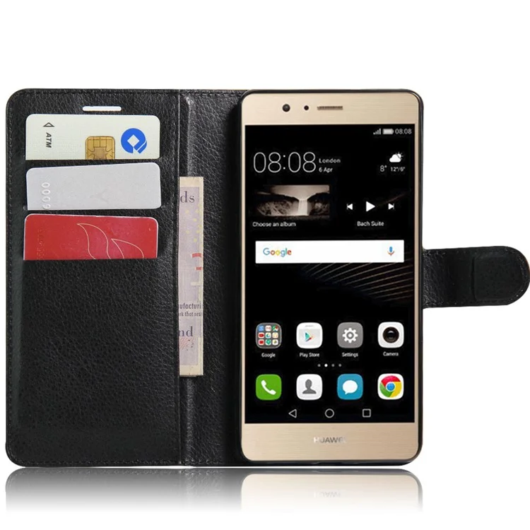Litchi Grain Folio Flip Leather Wallet Case for Huawei P9 Lite - Black-Cellmalls