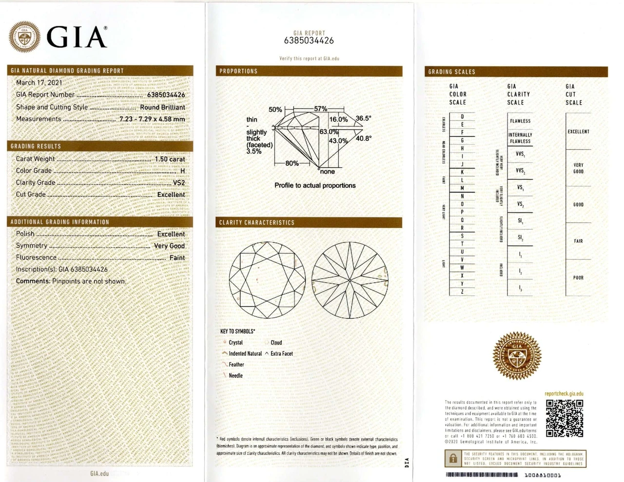 1.5 CARAT GIA CERTIFIED EXCELLENT CUT DIAMOND H VS2 IDEAL ROUND BRILLIANT LOOSE