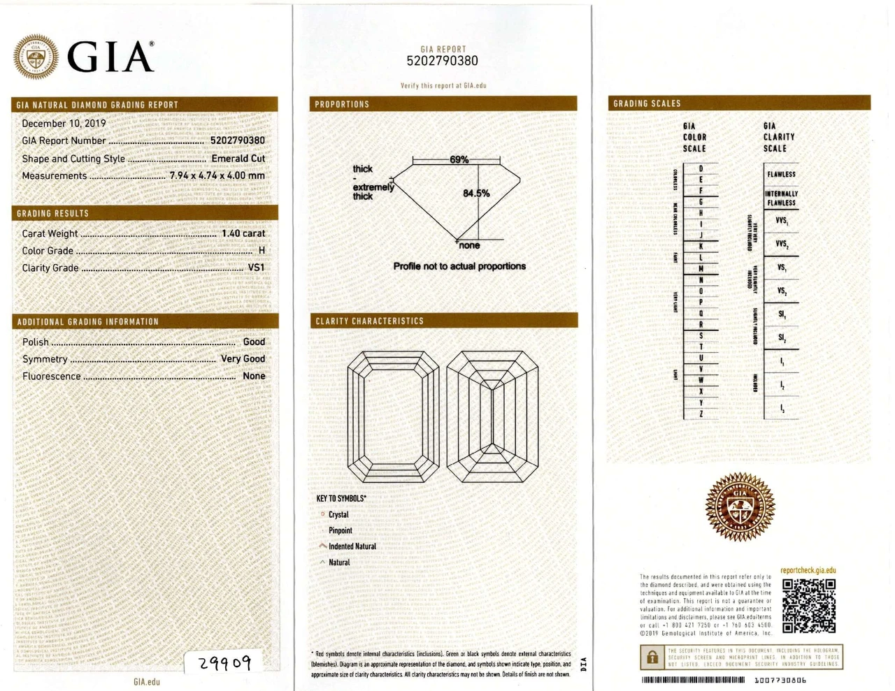 1.40ct GIA CERTIFIED H VS1 DIAMOND EMERALD CUT NATURAL ENGAGEMENT LOOSE STEP CUT