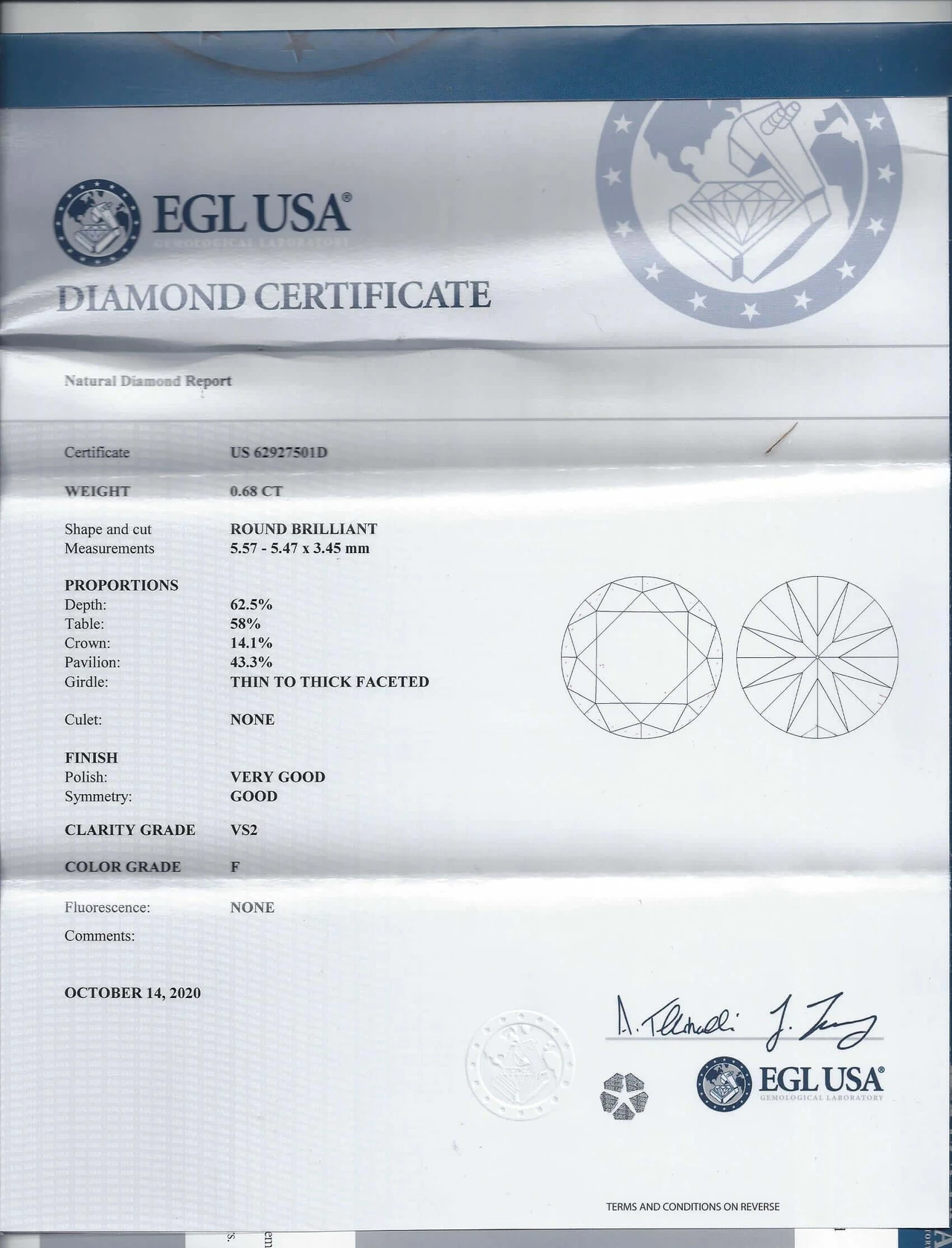 CERTIFIED F VS2 DIAMOND 0.68ct VERY GOOD CUT ROUND BRILLIANT ENGAGEMENT LOOSE