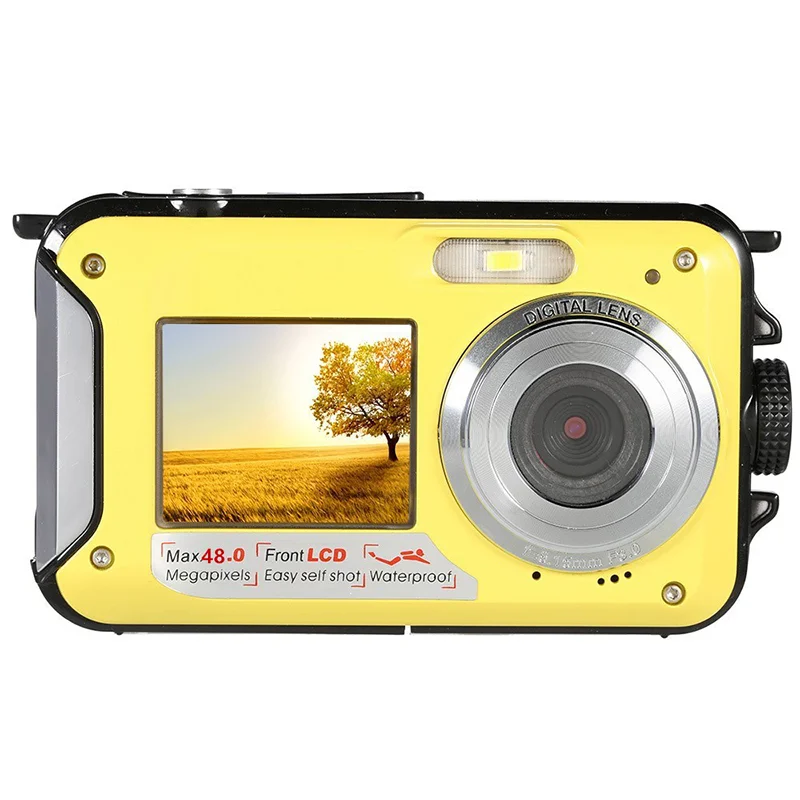 HD368 Waterproof Digital Camera Full HD 2.7K 48MP 16X Underwater Camera with Dual Screen - Yellow-Cellmalls