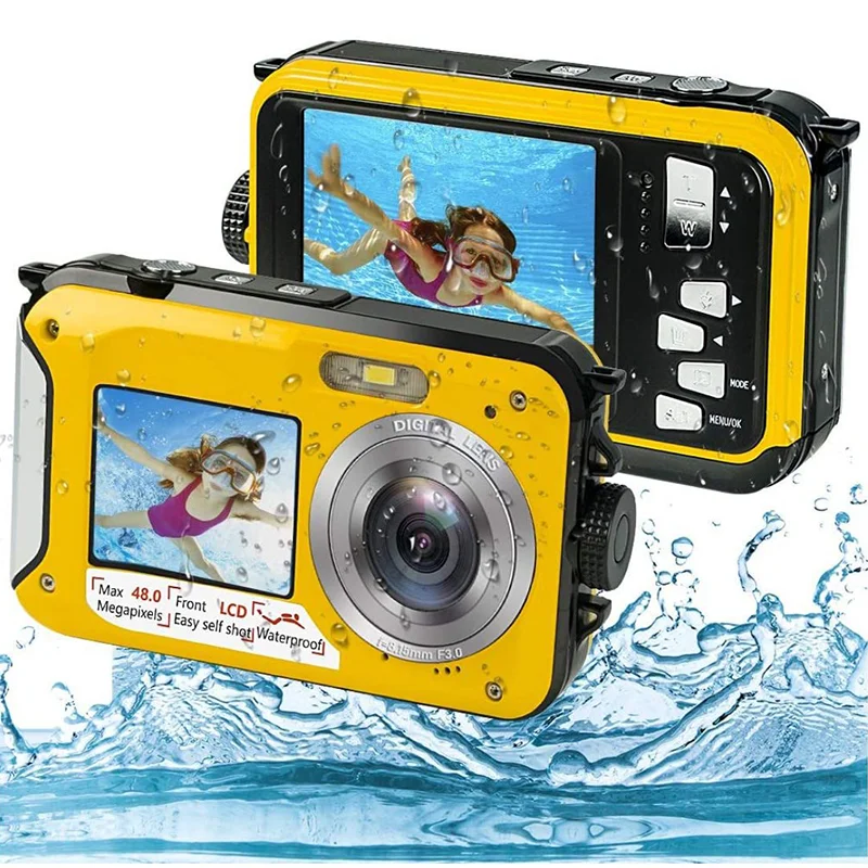 HD368 Waterproof Digital Camera Full HD 2.7K 48MP 16X Underwater Camera with Dual Screen - Yellow-Cellmalls